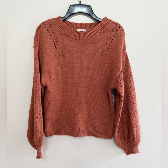 Wrap London Cotton Crochet-Detail Puff Sleeve Sweater, Dusty Brown Pink, US 2 - Picture 2 of 10